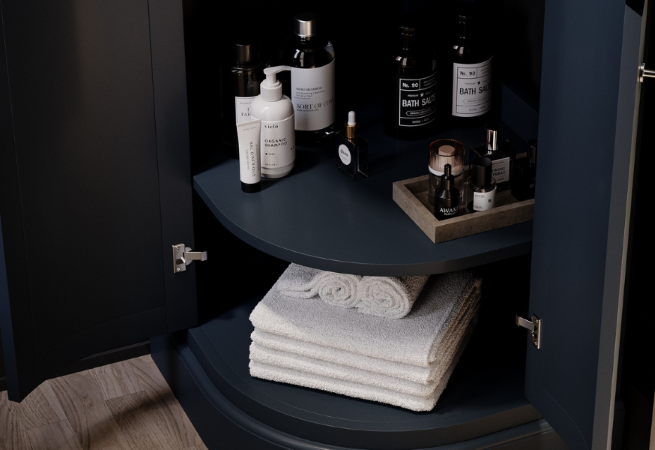 Indigo Basin Vanity Unit with doors open and storage shelf